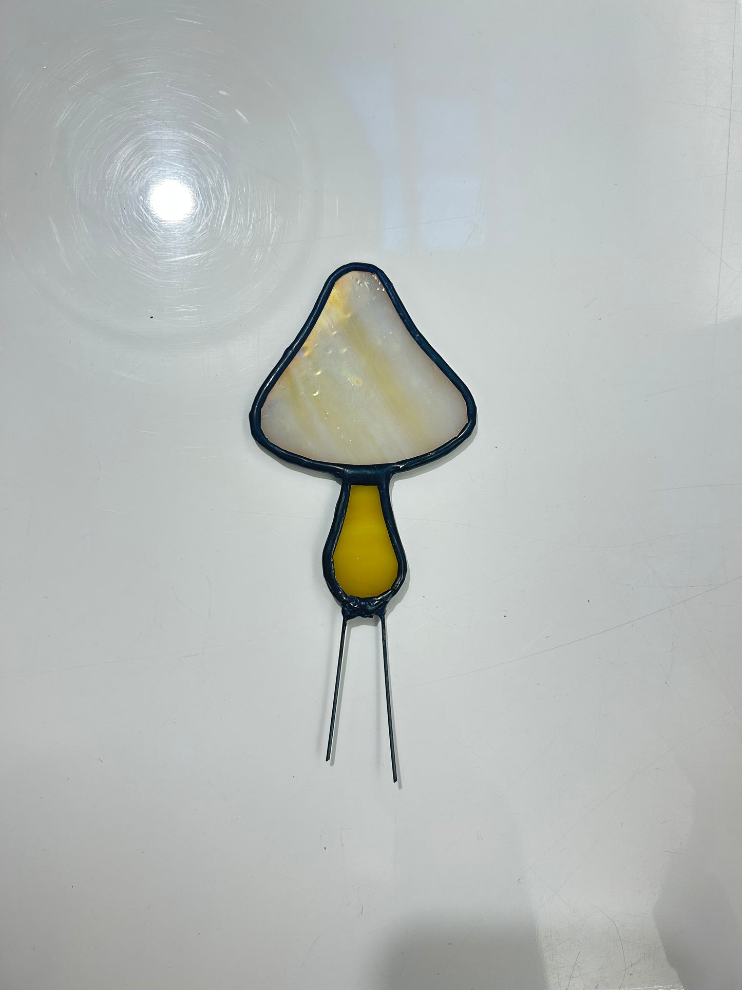 Iridescent yellow mushroom glass plant stake