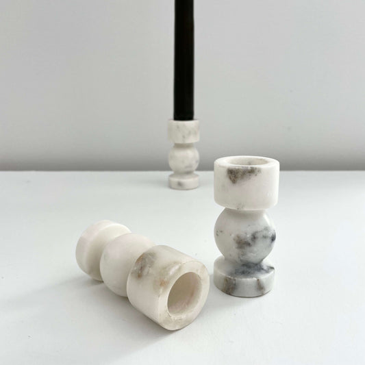 fort & field - White marble stone hand turned bulbous taper candle holder